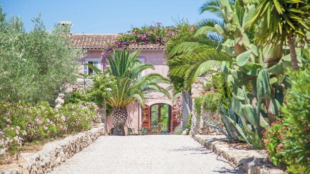 Un vialetto conduce a un edificio con tetto in tegole, immerso nel verde e tra piante fiorite.