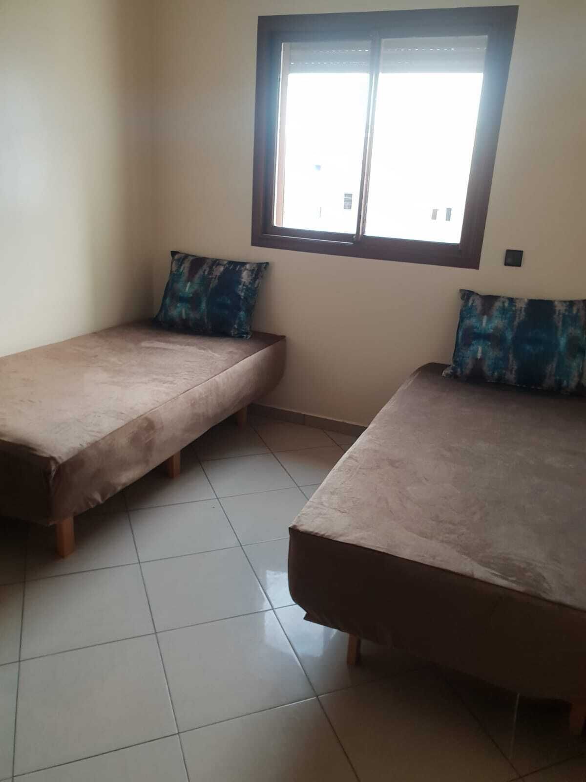 Una habitación con dos camas, cada una con un cojín estampado en azul y blanco.