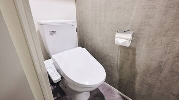 A small bathroom with a toilet, a toilet paper holder, and a control panel.