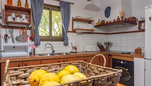 Una cocina con encimera de madera, un fregadero, una cafetera y una cesta de limones.