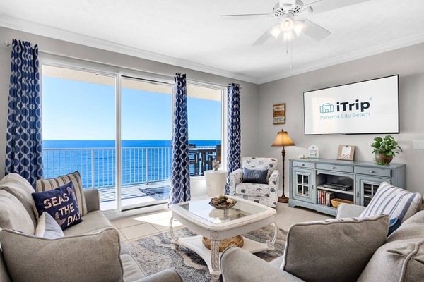 This coastal living area offers a large tv and million dollar views
