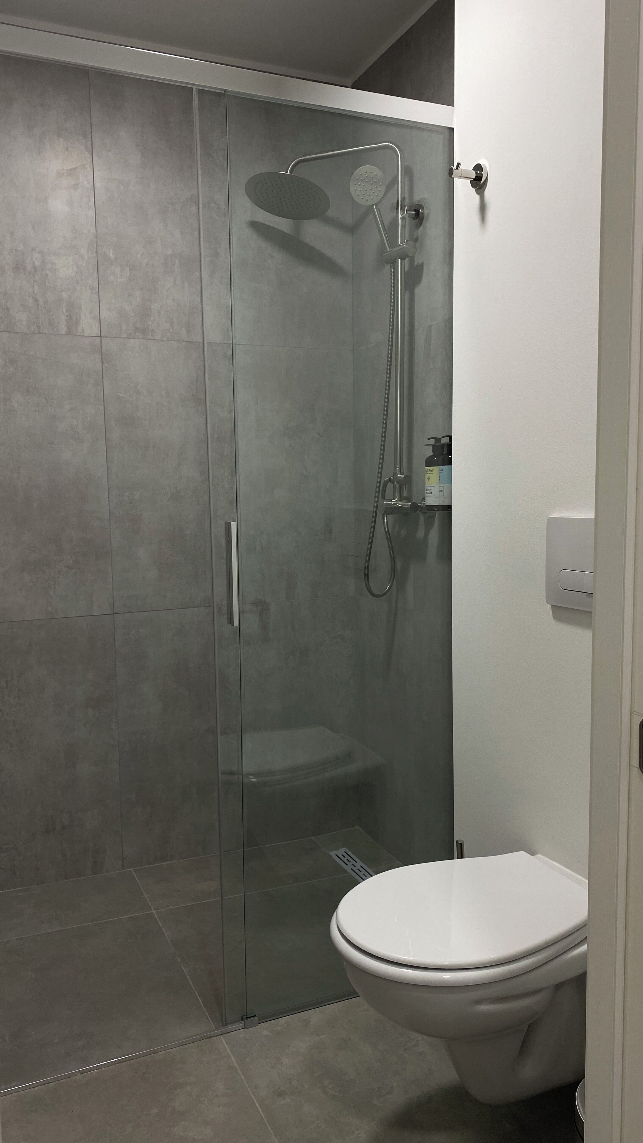 Een moderne badkamer met een douchecabine, toilet en een wandmengkraan.