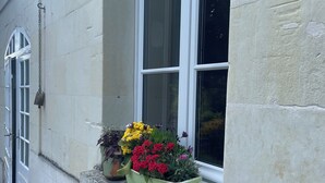 A building with a stone facade, a window with a white frame, and a flower box with colorful flowers on the ledge. - Chamber for young farmers  (Benais)