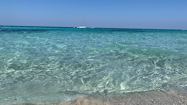 Klarer Blick auf einen Strand mit türkisblauem Wasser und einem Segelboot in der Ferne.