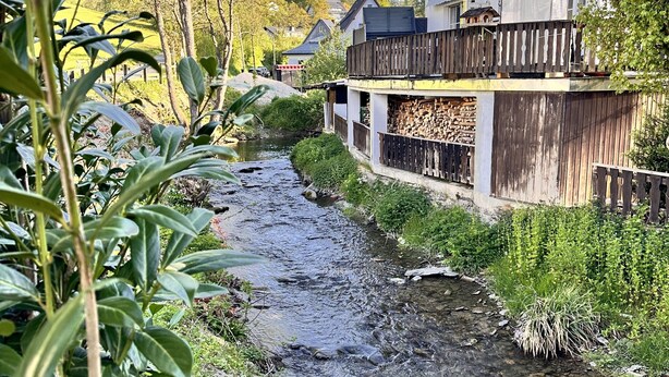 Une rivière traverse un quartier résidentiel, avec des maisons d’un côté et une clôture en bois de l’autre.
