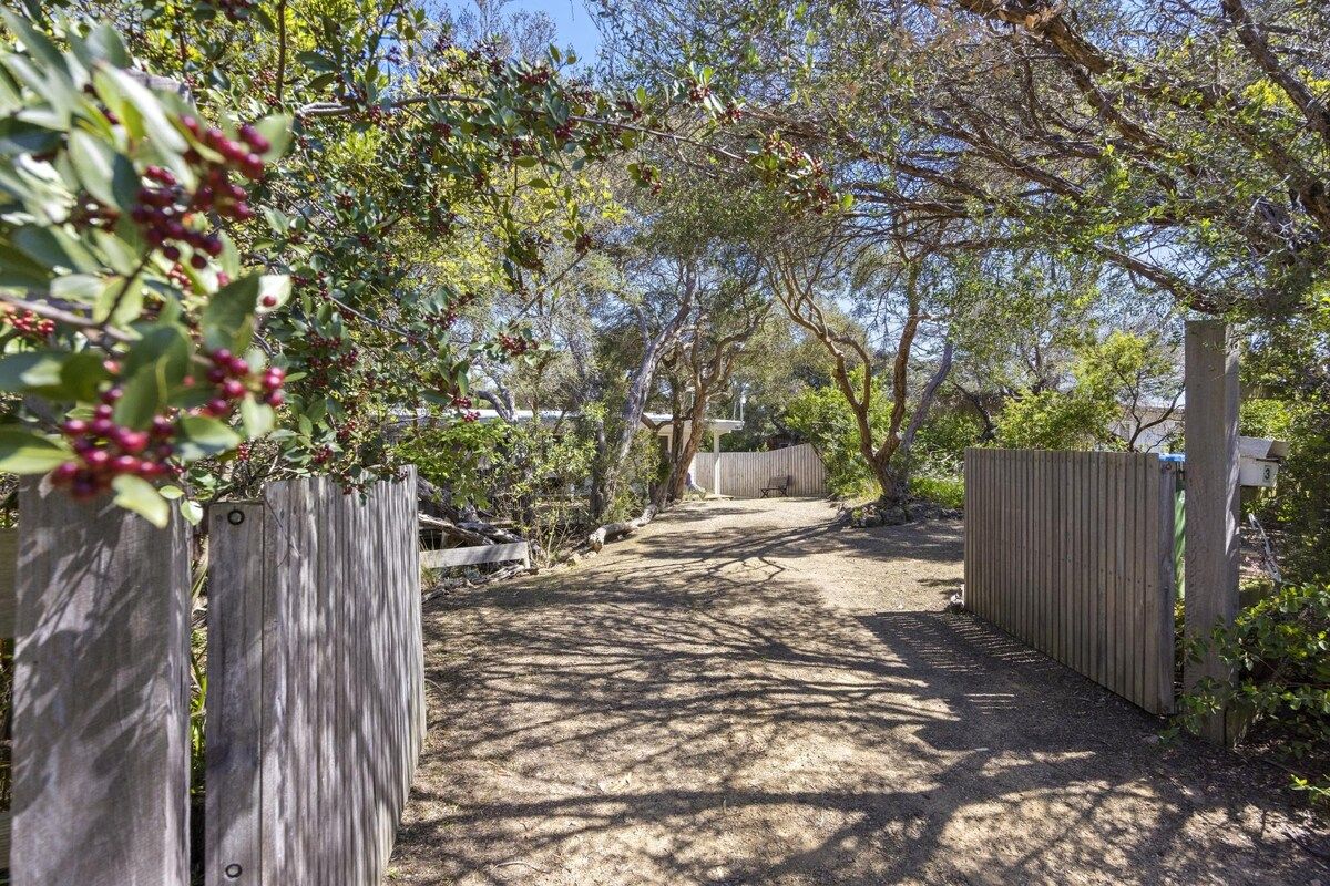 Un chemin de gravier traverse une zone boisée, bordée d’une clôture en bois d’un côté et d’un portail en métal de l’autre.