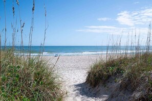 A beach path leading to the ocean with sparse vegetation and a clear sky.