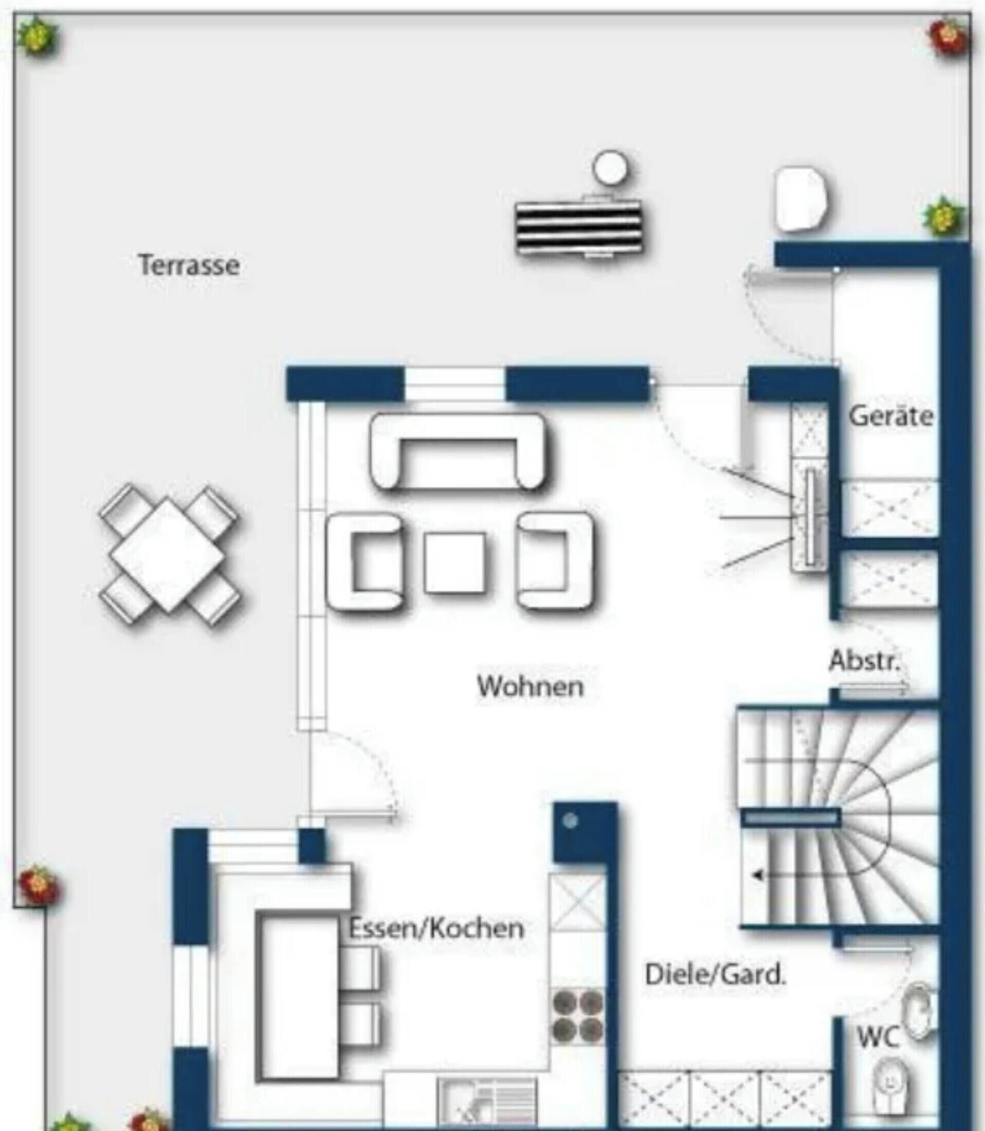 Een plattegrond met een woonkamer, keuken, badkamer en een terras.