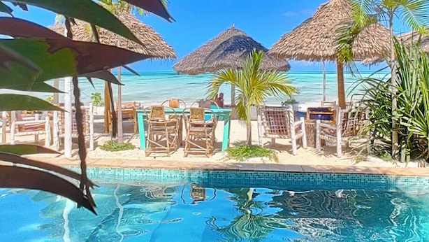 A clear blue pool with thatched umbrellas and lounge chairs, surrounded by palm trees and a view of the ocean. - Villa Bahati Zanzibar (Jambiani)