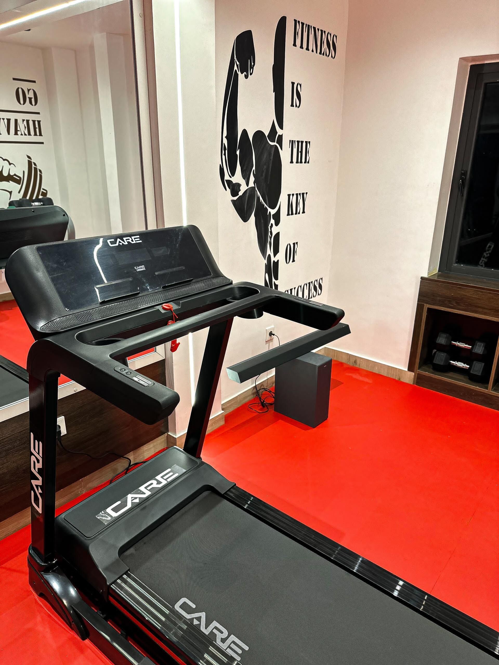 Une salle de sport équipée d’un tapis de course, d’un vélo d’appartement et d’un mur orné de citations motivantes.