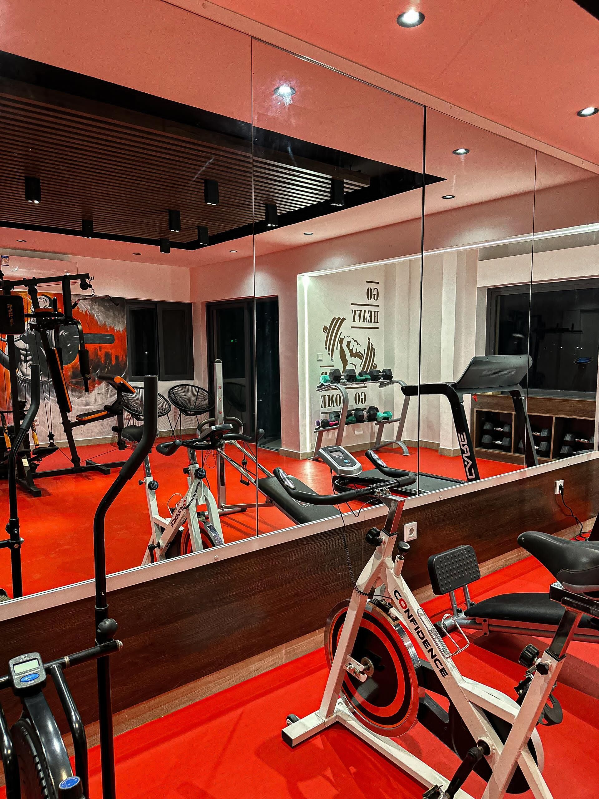 A gym with various exercise equipment, a red carpet, and a mirror reflecting the space.
