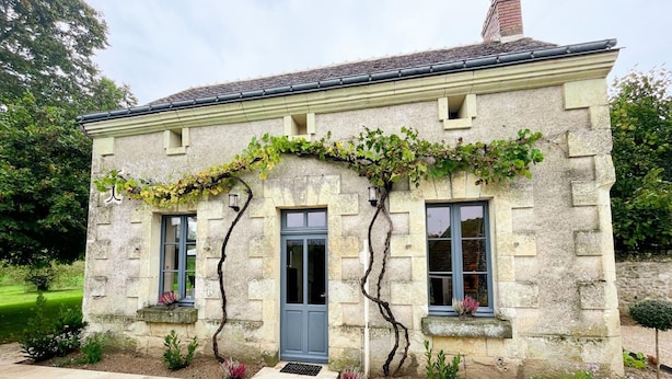 A stone house with a blue door, two windows, and a vine-covered wall. - Charming cottage in Touraine with garden, near Loire castles (Avon-les-Roches)
