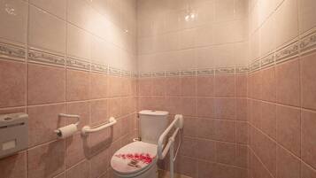 Une salle de bain équipée de toilettes, de barres d’appui et d’un distributeur de papier toilette.