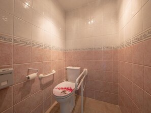A bathroom with a toilet, handrails, and a toilet paper dispenser. - Room La Loire - Disabled Access, WiFi, Pets Allowed (Saint-Benoît-sur-Loire)