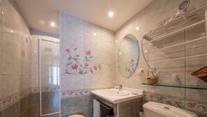 A bathroom with a shower, toilet, and sink. - Charming room with private terrace and wifi in Saint-Benoît-sur-Loire (Saint-Benoît-sur-Loire)