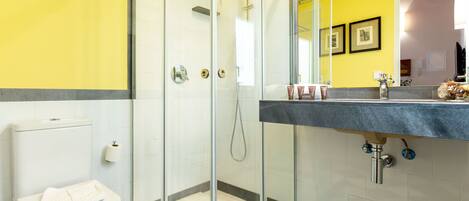 A bathroom with a glass-enclosed shower, a toilet, and a sink with a mirror above it.