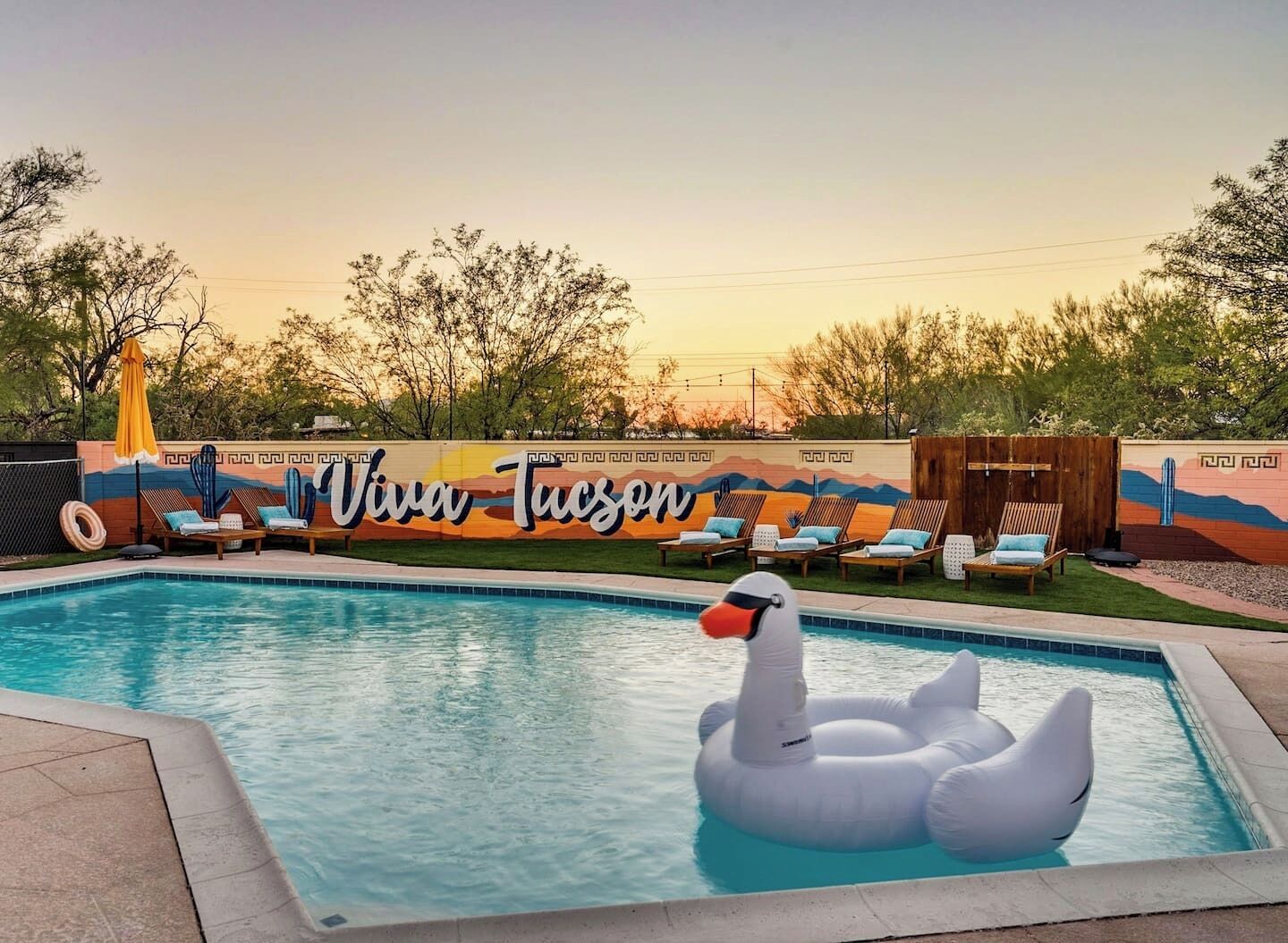 A swimming pool with lounge chairs and a swan float.