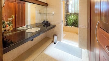 Shower, towels, soap, toilet paper