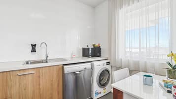 Full-sized fridge, microwave, oven, stovetop