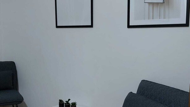 Ett modernt vardagsrum med en grå soffa, ett litet vitt sidobord med växter och två inramade tavlor på väggen.