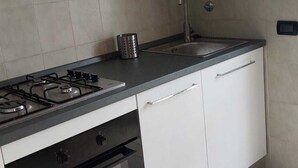 Ett modernt kök med vita skåp, en diskho i rostfritt stål, en gasspis och en ugn.