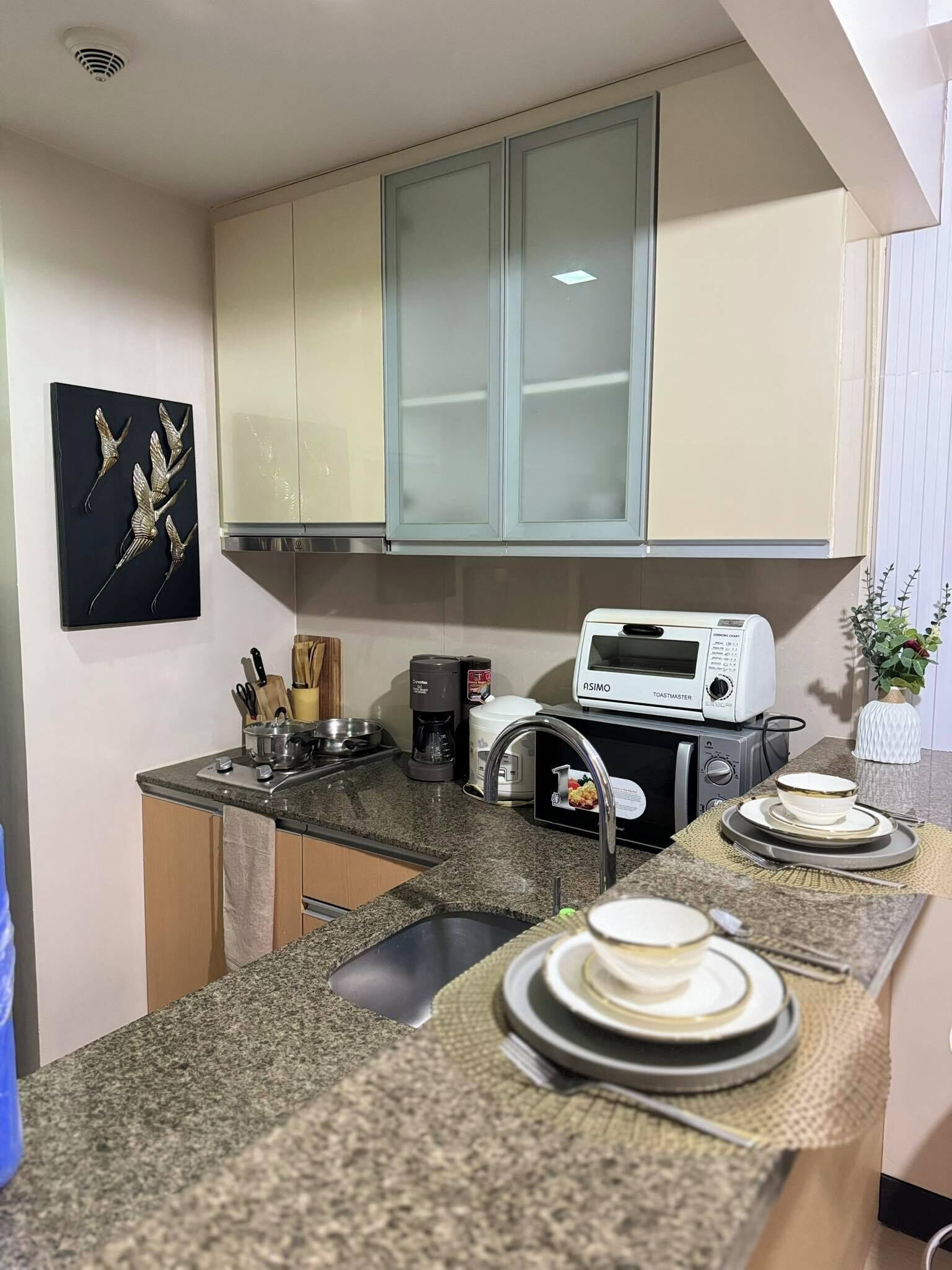 Fridge, microwave, stovetop, coffee/tea maker