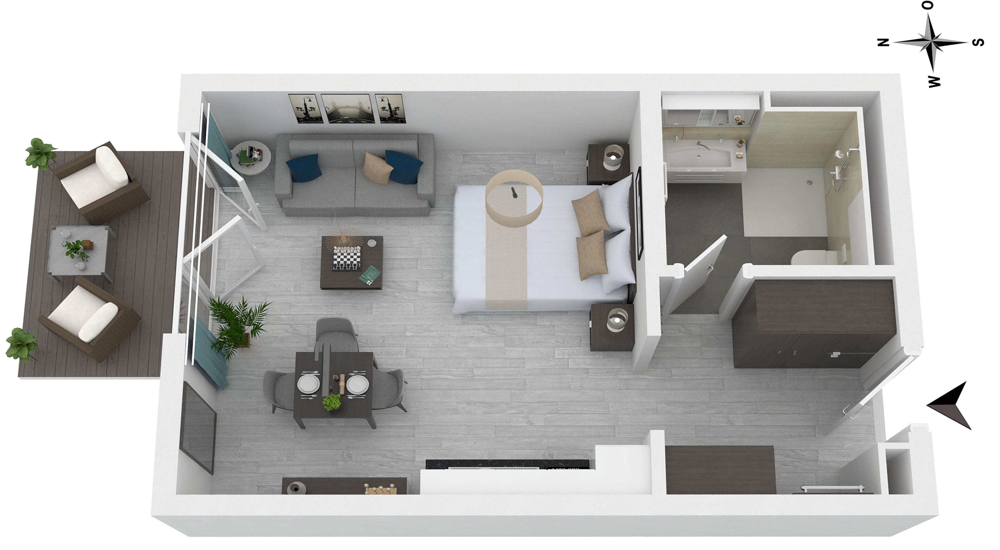 A 2-bedroom apartment with a living room, dining area, and a bathroom.