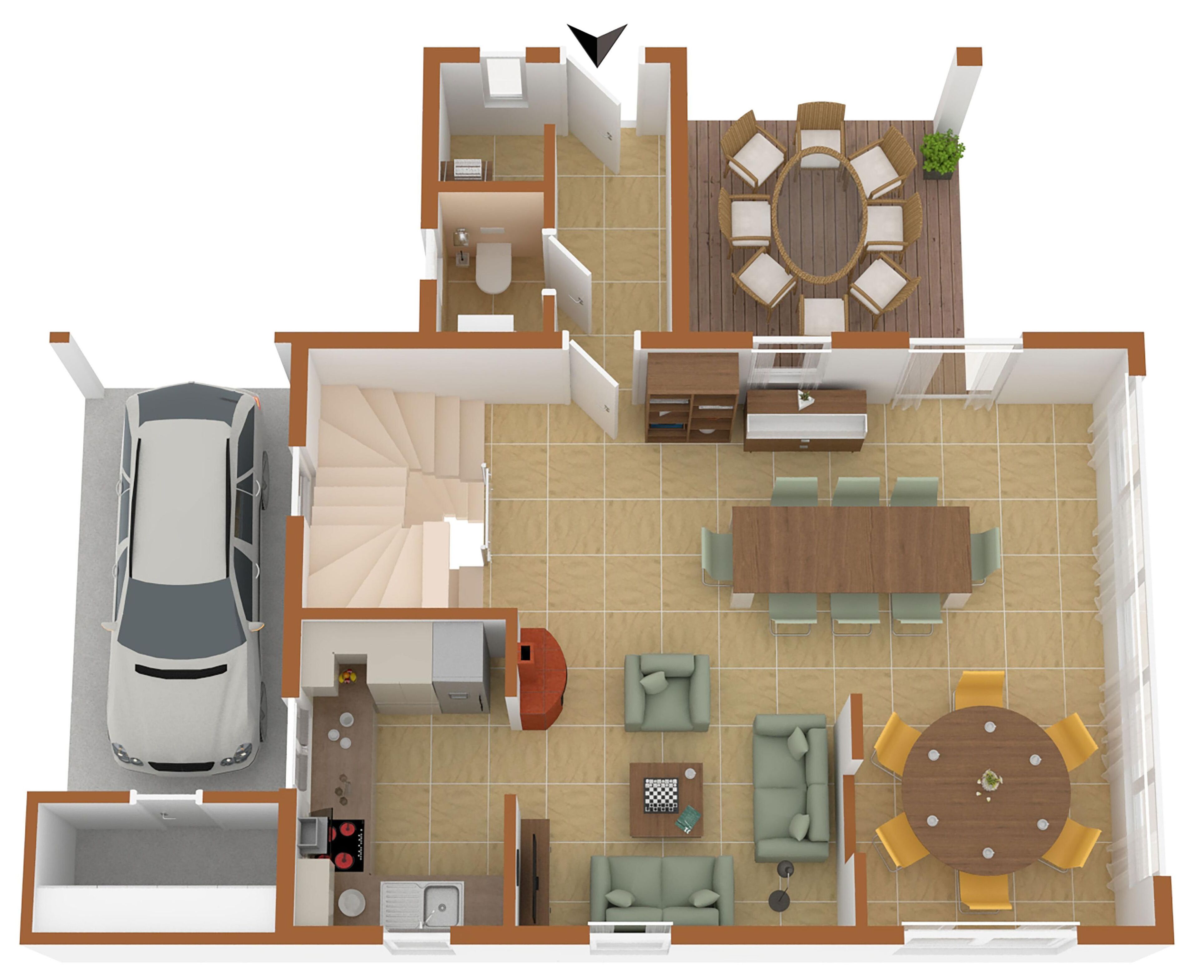 Ein zweidimensionaler Grundriss einer modernen Wohnung mit Autounterstand, Küche, Essbereich, Wohnzimmer und einem kleinen Badezimmer.