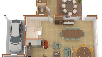 Ein zweidimensionaler Grundriss einer modernen Wohnung mit Autounterstand, Küche, Essbereich, Wohnzimmer und einem kleinen Badezimmer.
