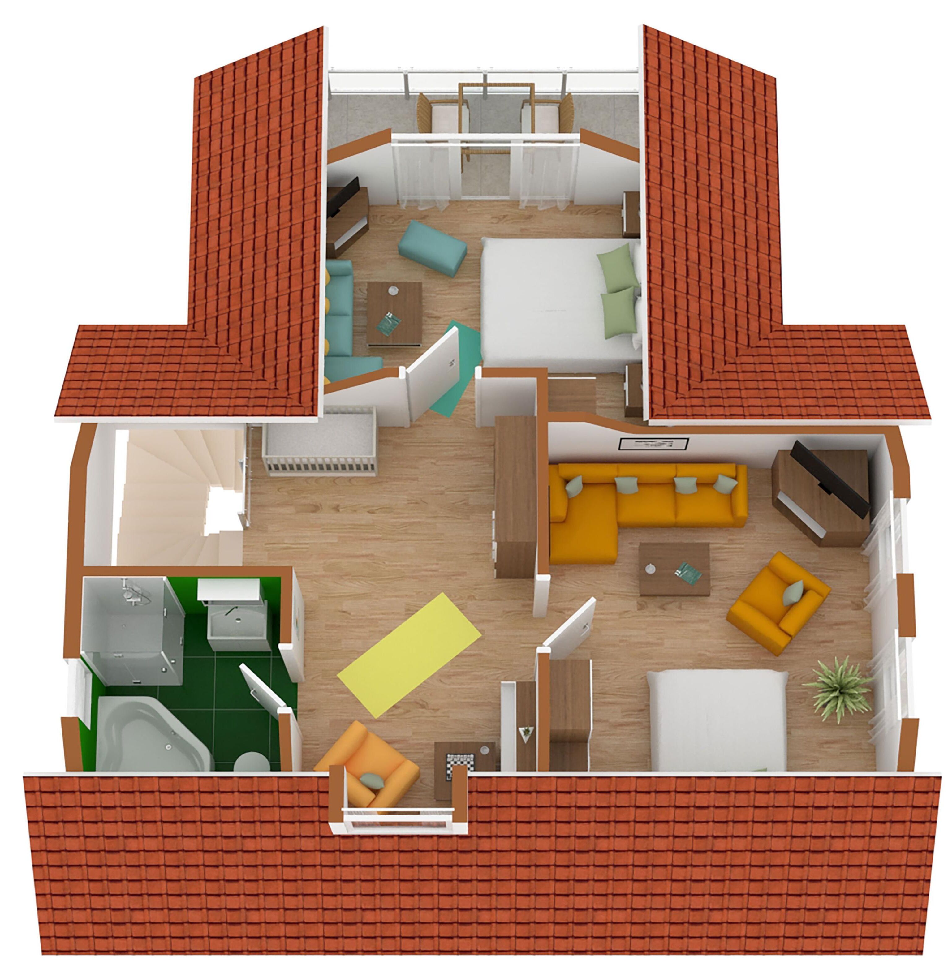En 3D-plantegning af en moderne lejlighed med stue, køkken, badeværelse og to soveværelser.