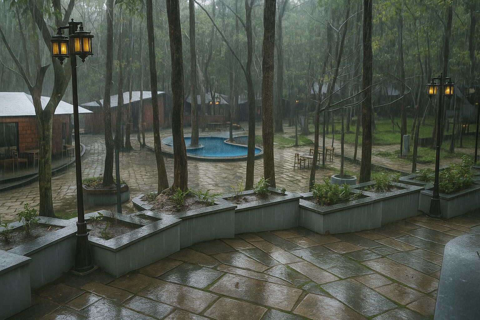 A courtyard with a pool, surrounded by trees and stone planters, under rainy weather.