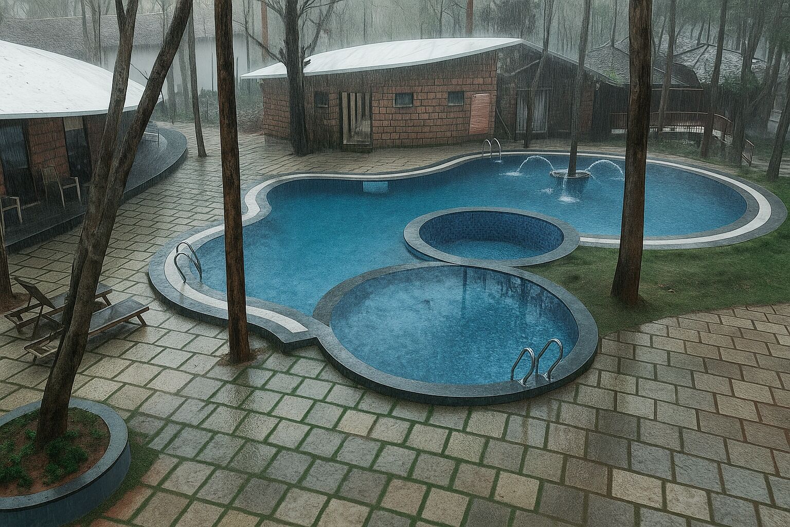 A swimming pool with three distinct sections, surrounded by a brick patio and trees.
