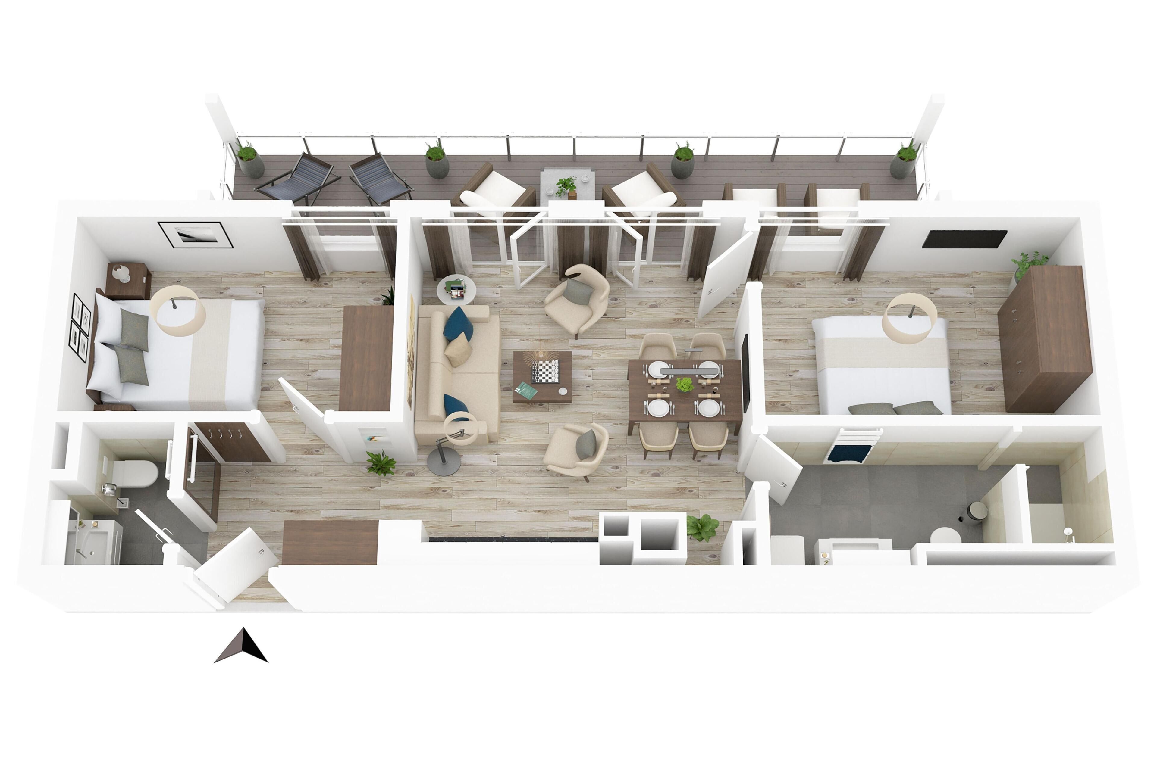 A modern apartment layout with a living area, dining space, kitchen, and balcony.