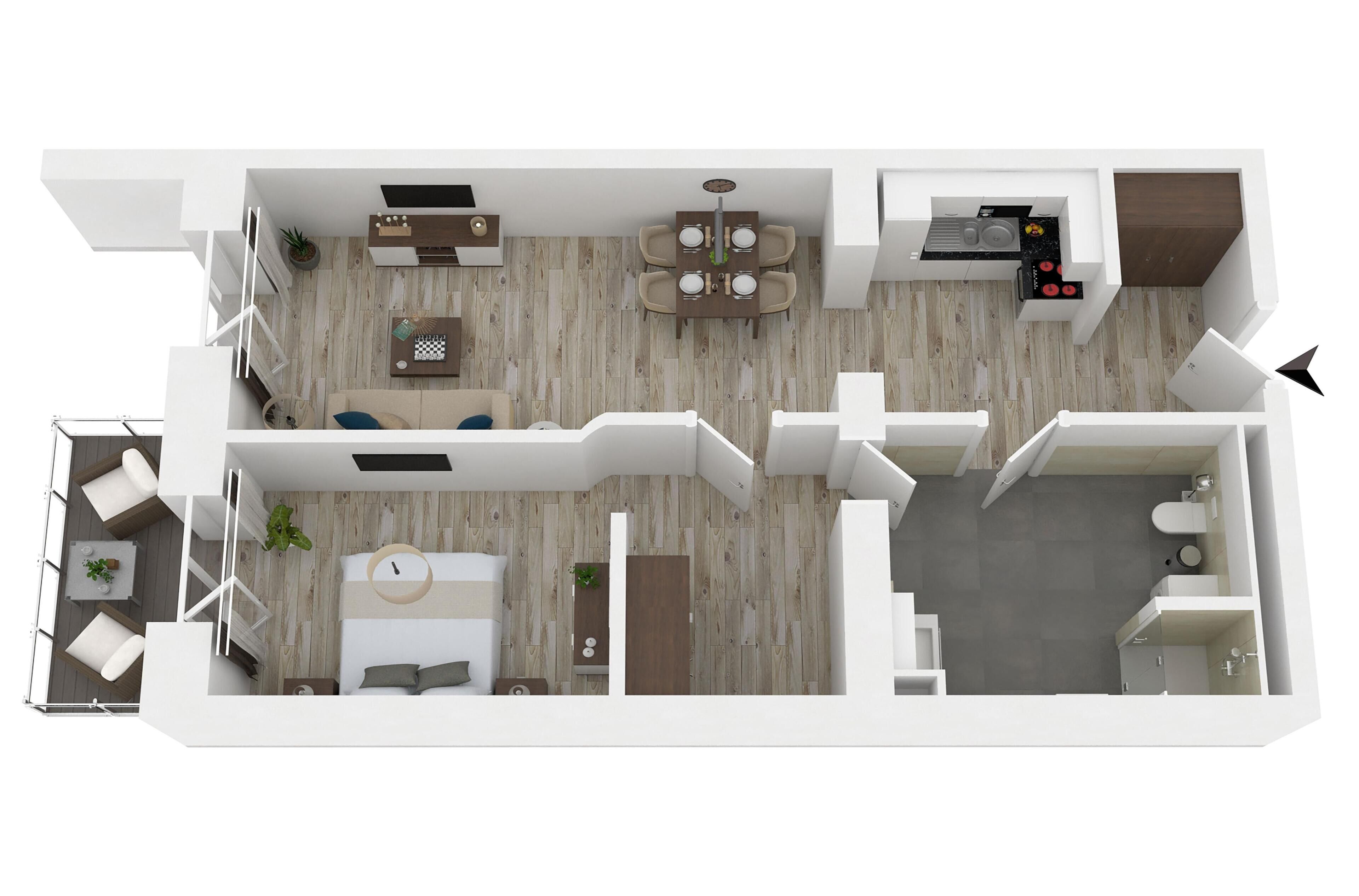 Ein modernes Apartment mit Wohnzimmer, Essbereich, Küche und zwei Schlafzimmern.