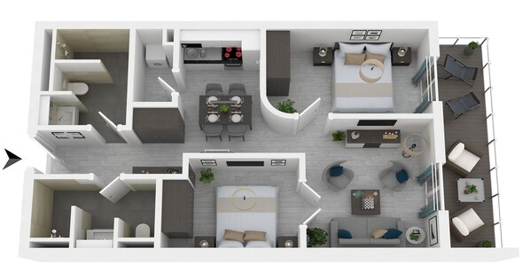 Distribución moderna de un apartamento con cocina, comedor, sala de estar y balcón.
