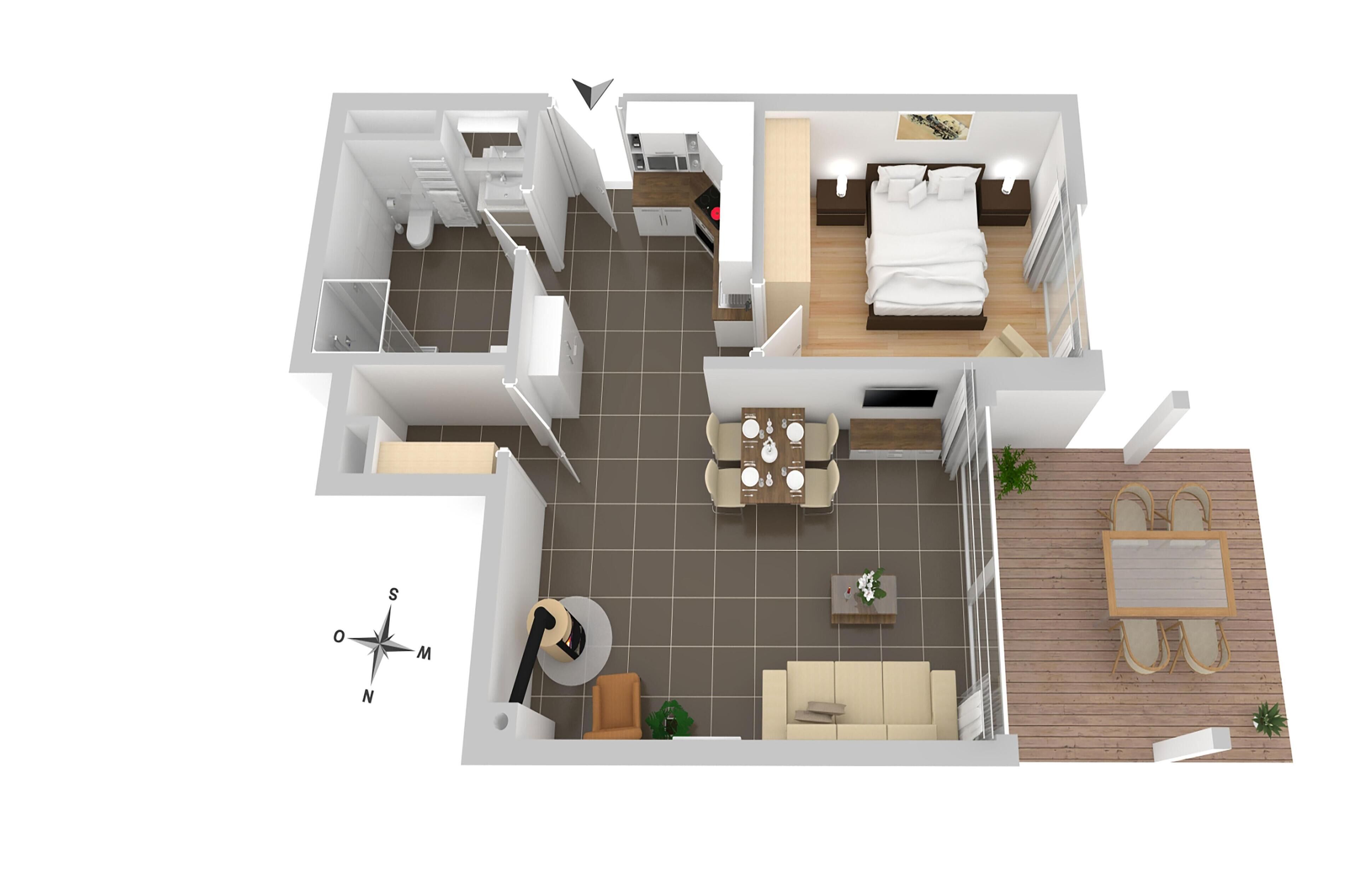En 3D-ritning av planlösningen för en modern lägenhet med vardagsrum, matplats, kök, två sovrum och ett badrum.