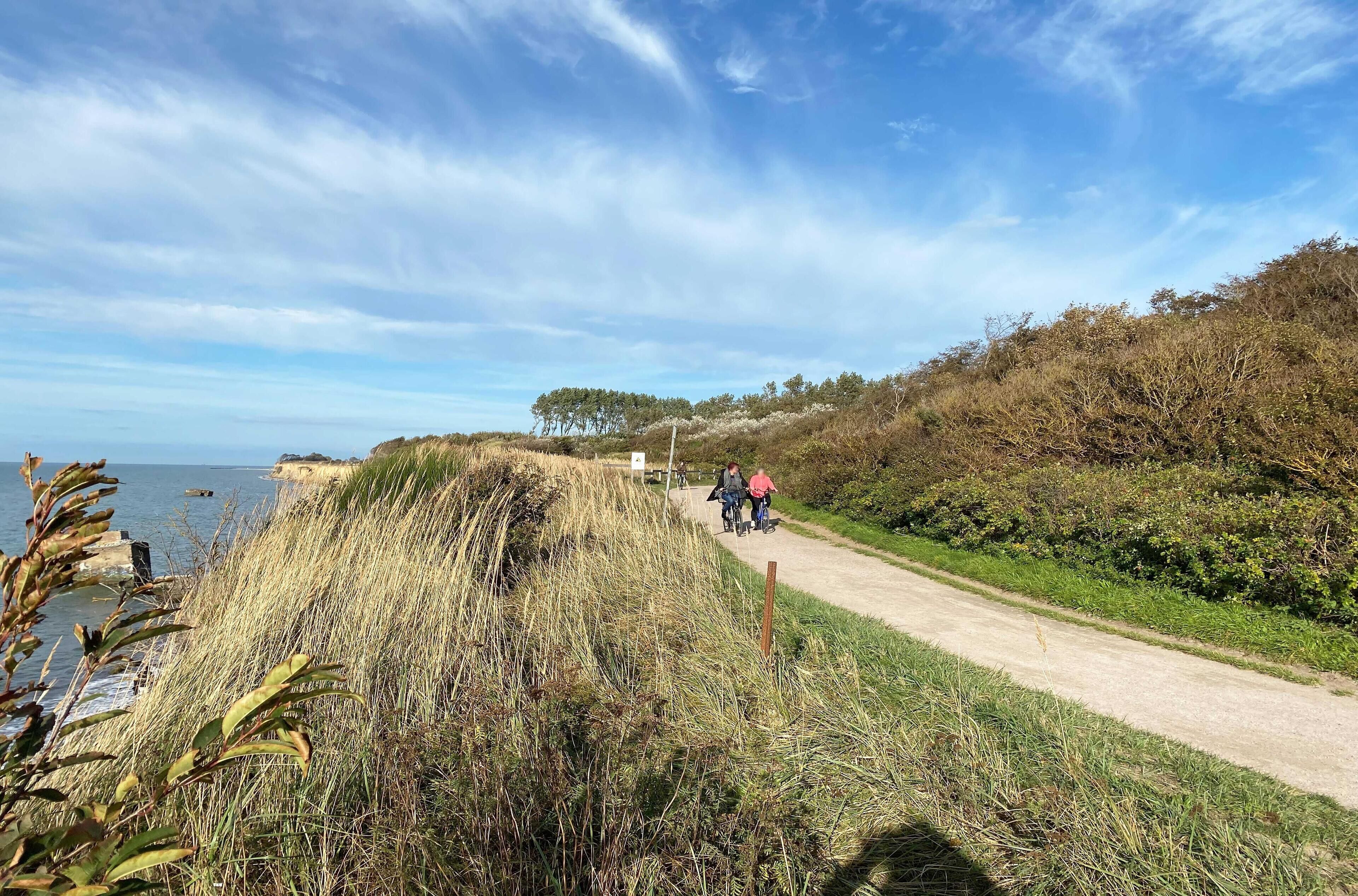 Ein Küstenpfad mit Gras und Sträuchern, ein klarer Himmel und ein weiter Blick auf das Meer.