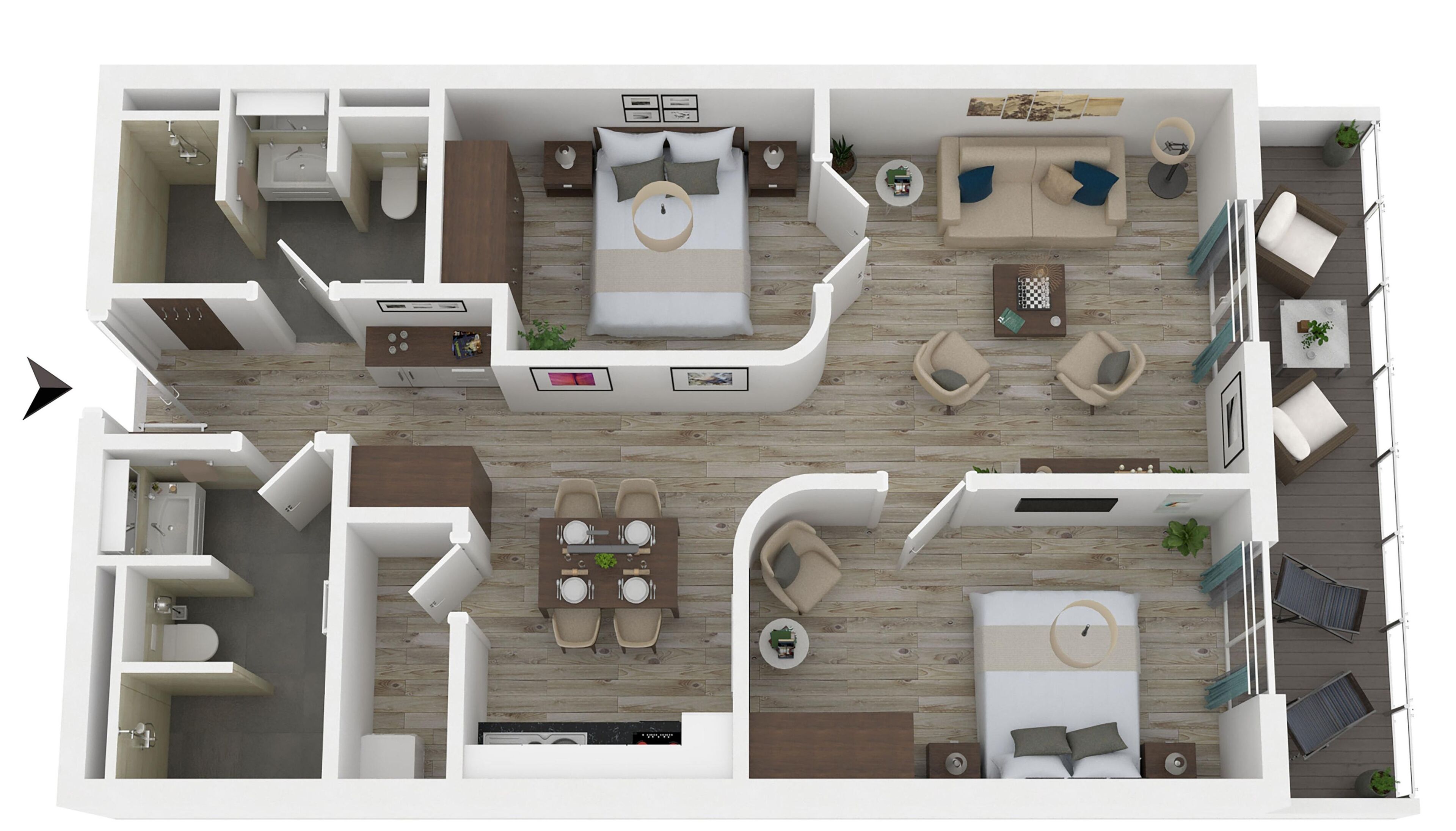 A modern apartment layout with a living room, dining area, kitchen, bathroom, and bedroom.