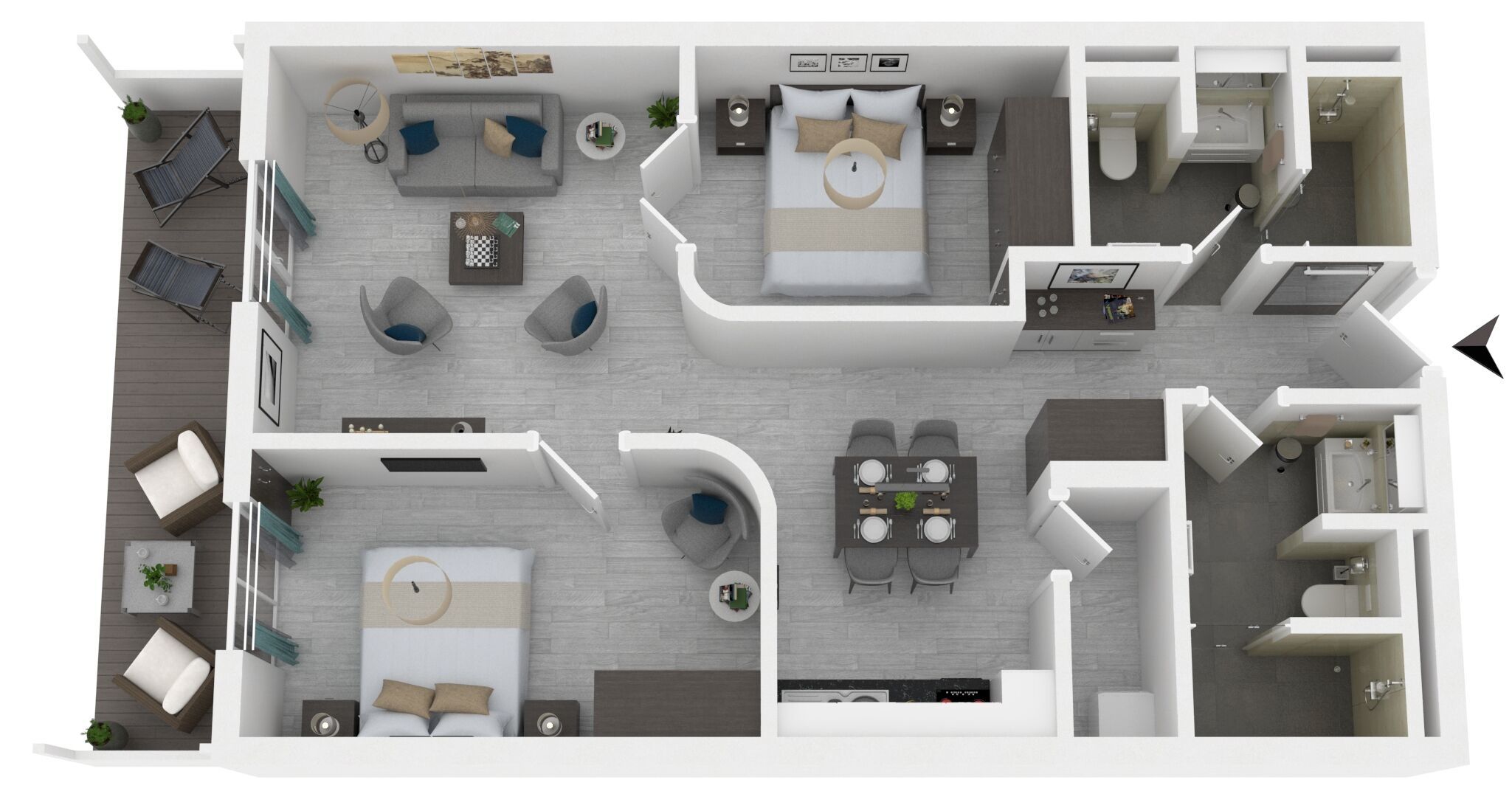 Un appartement moderne comprenant un salon, un coin repas, une cuisine, deux chambres et une salle de bain.