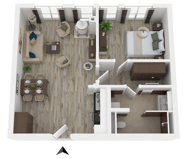 Un appartement moderne comprenant un espace repas, un salon, une cuisine et deux chambres.