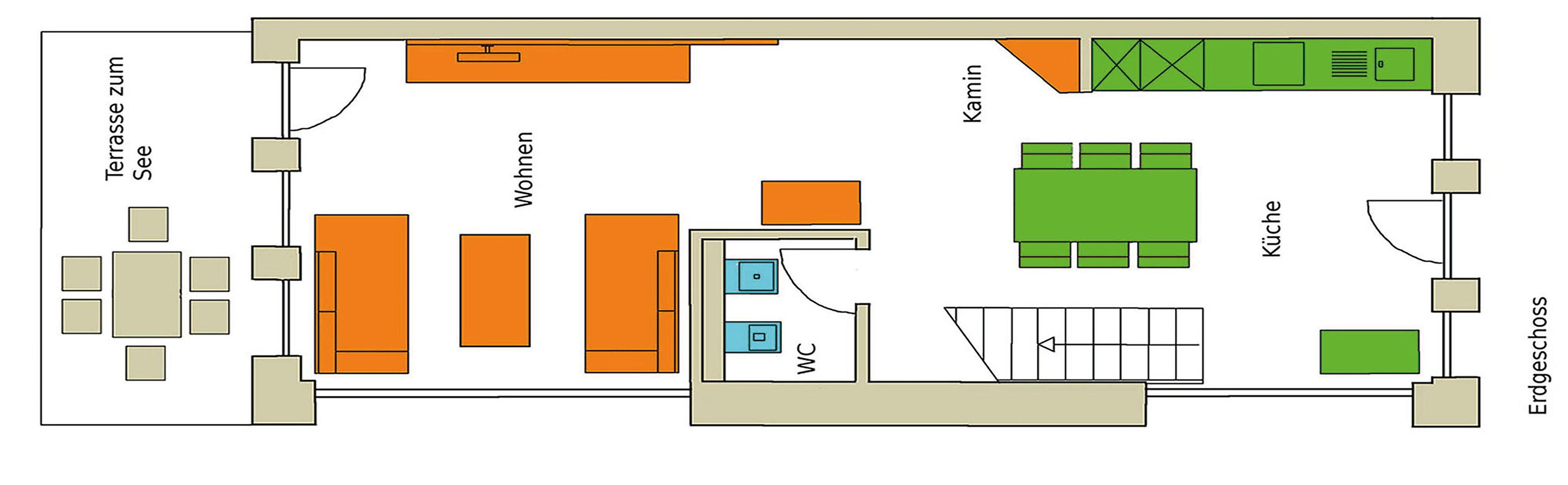 Een plattegrond van een hotel met terras, woonruimte, keuken, toilet en een eethoek.