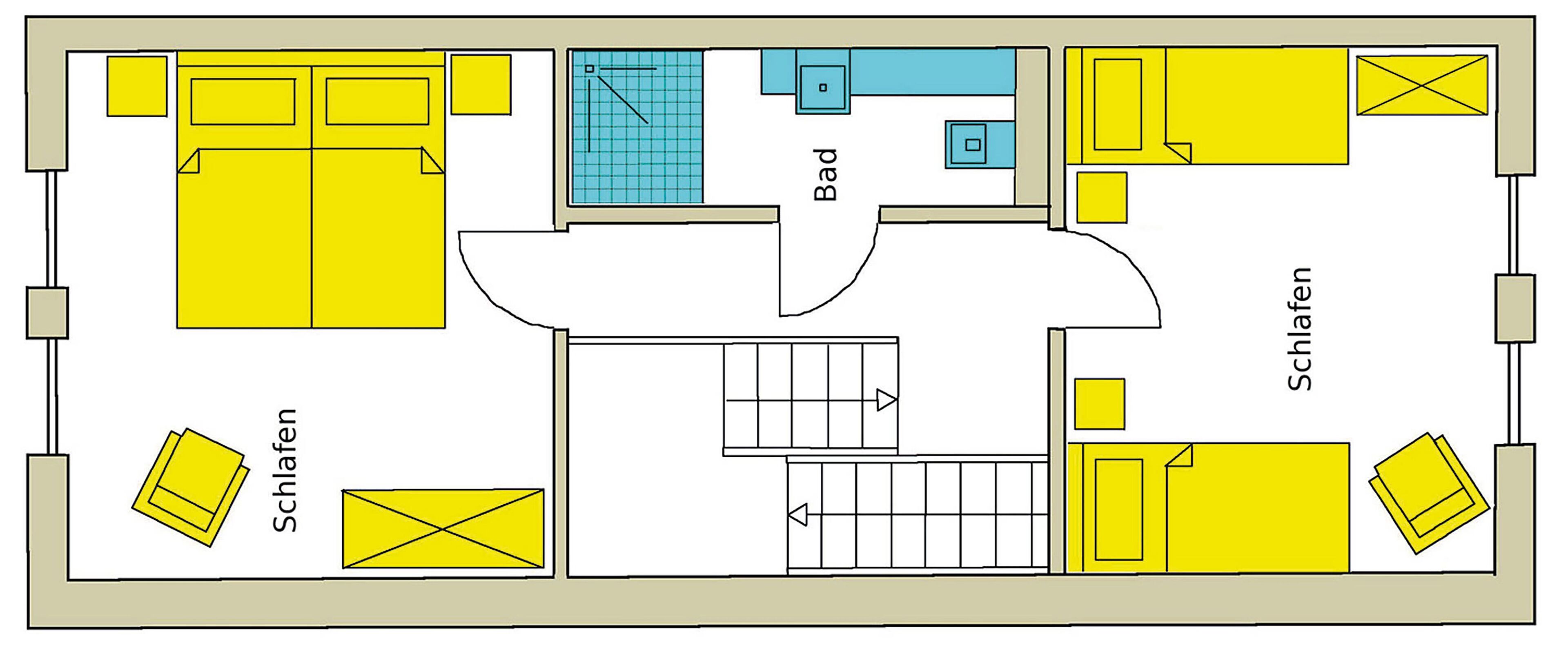 A floor plan with two bedrooms, a bathroom, a kitchen, and a living area.