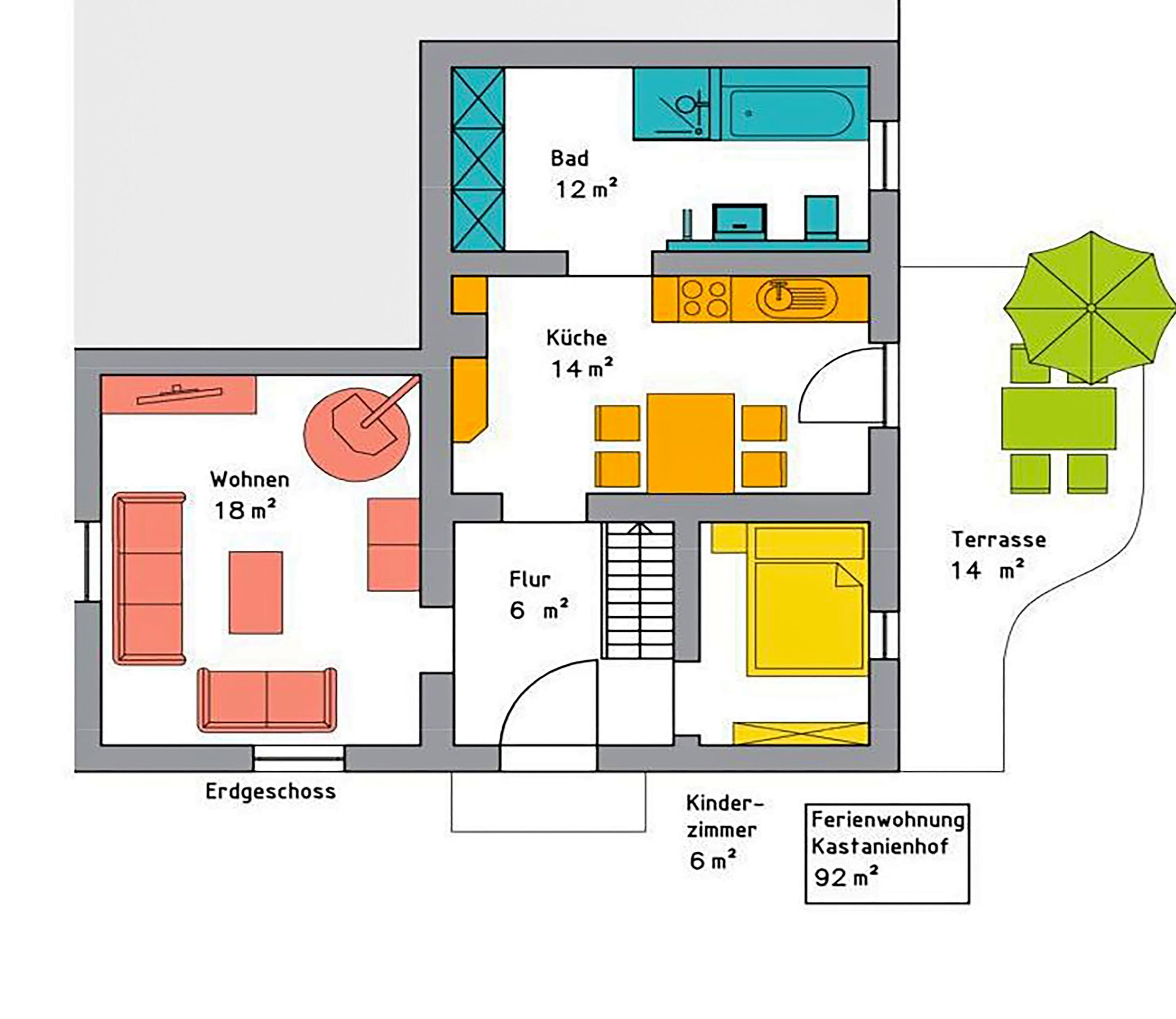Hotellihuoneen pohjaratkaisuun kuuluu olohuone (18 m²), keittiö (14 m²), kylpyhuone (12 m²), terassi (14 m²), lastenhuone (6 m²) ja ruokailutila (6 m²).