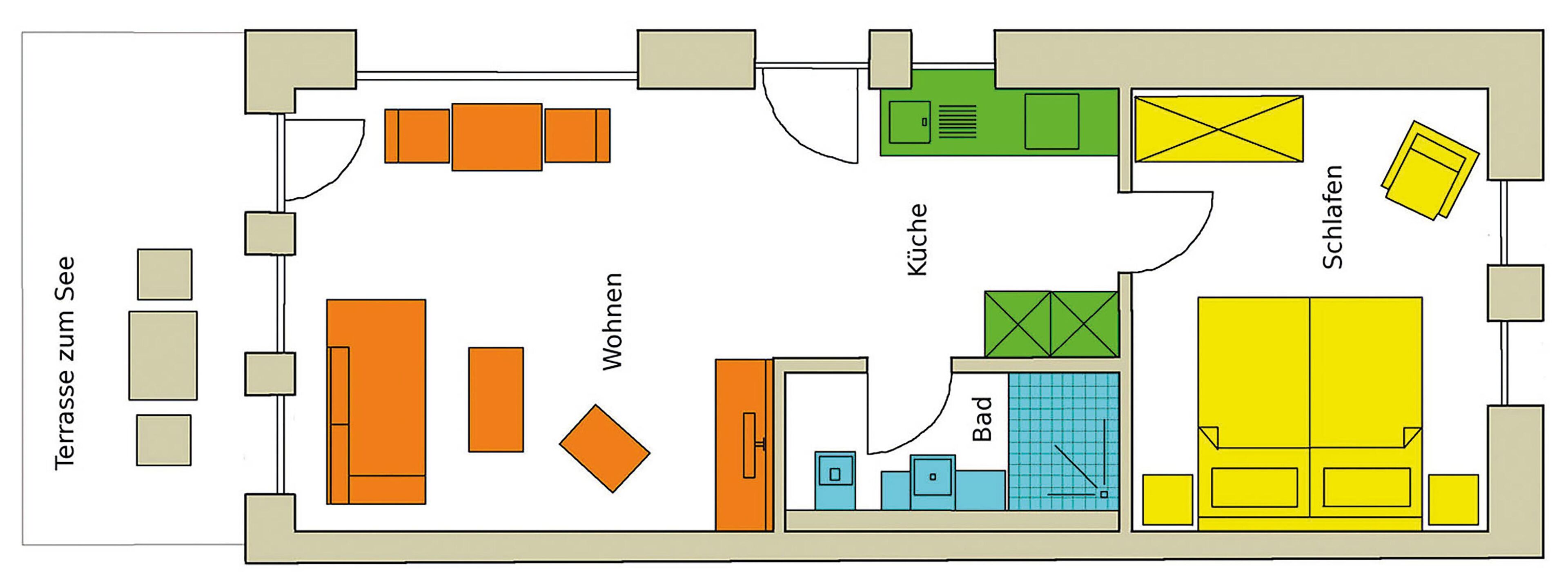 A hotel layout with a terrace, kitchen, bathroom, and sleeping areas.