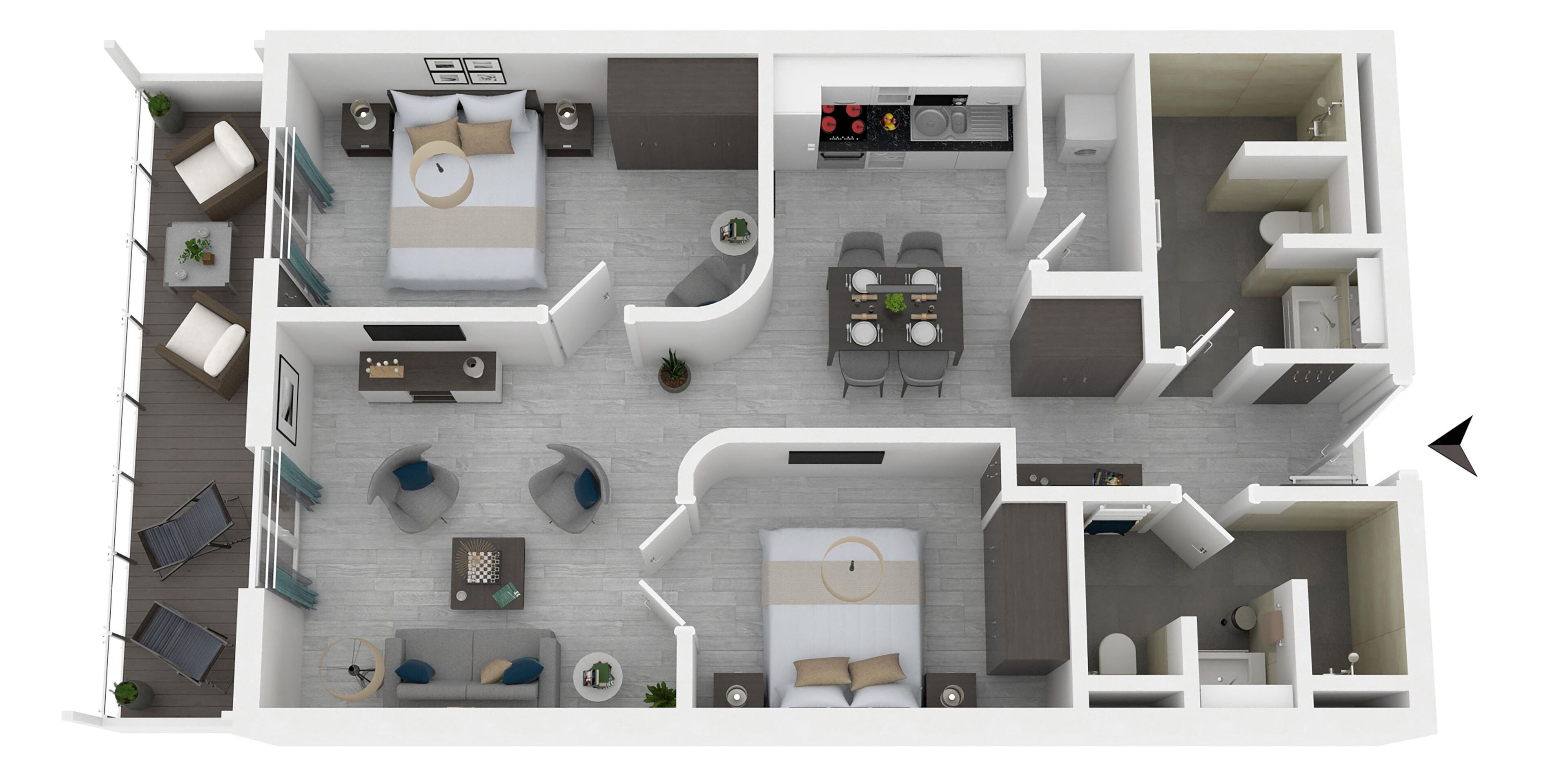 Un appartement moderne comprenant un salon, un coin repas, une cuisine et deux chambres.