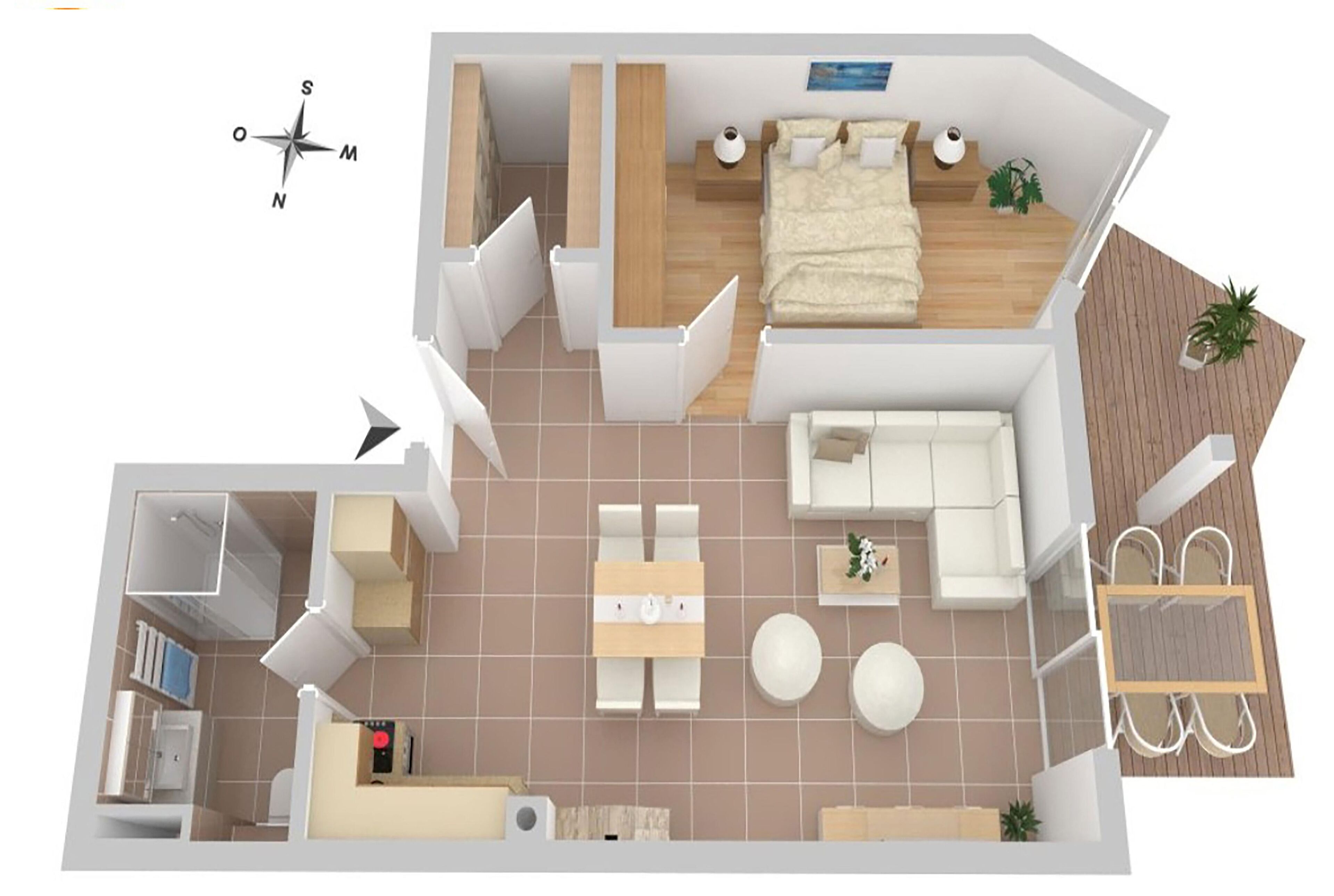 Ein 2D-Grundriss einer modernen Wohnung mit Schlafzimmer, Wohnbereich, Küche und Balkon.