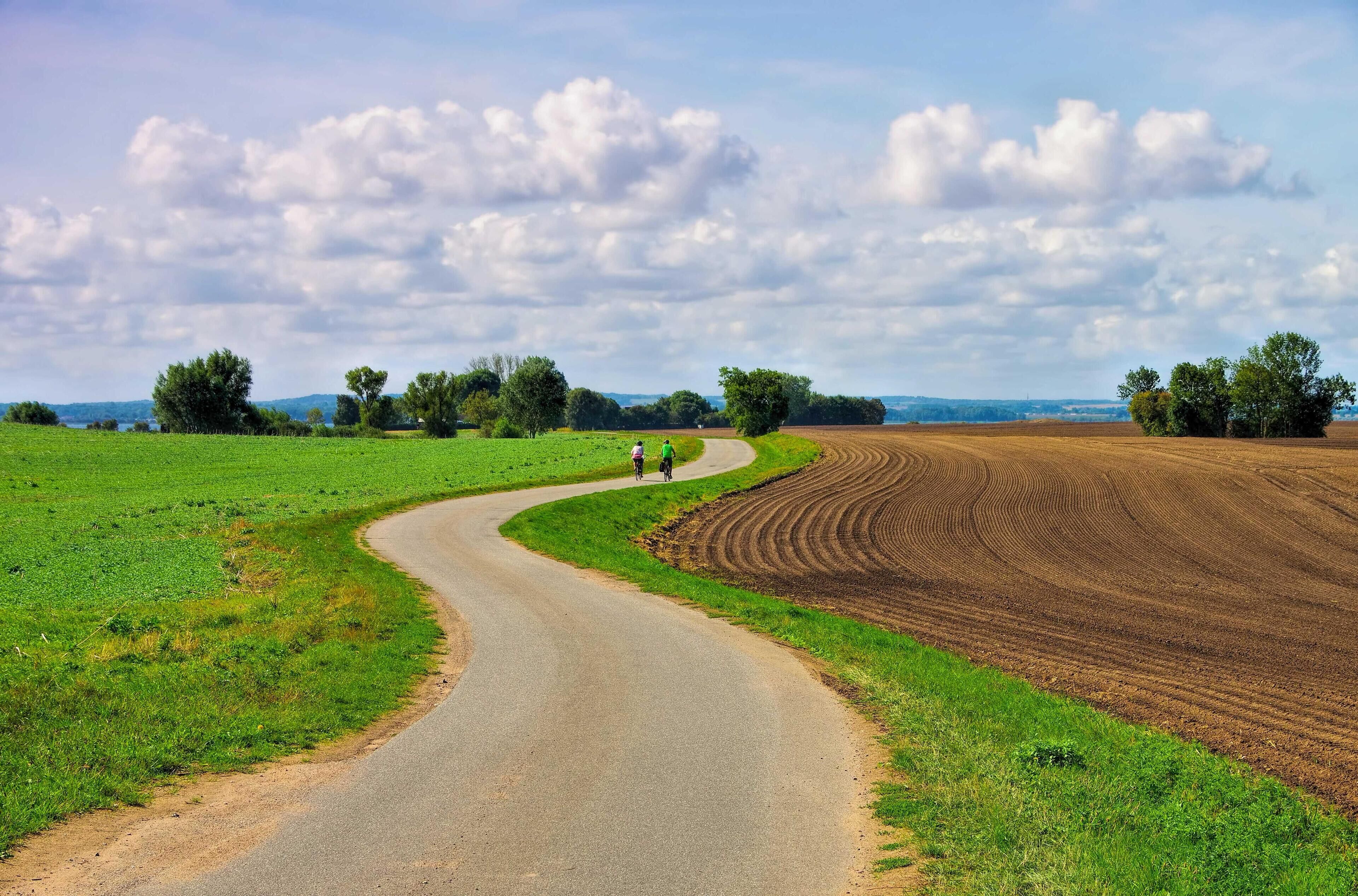 A rural road curving through fields with two people walking.
