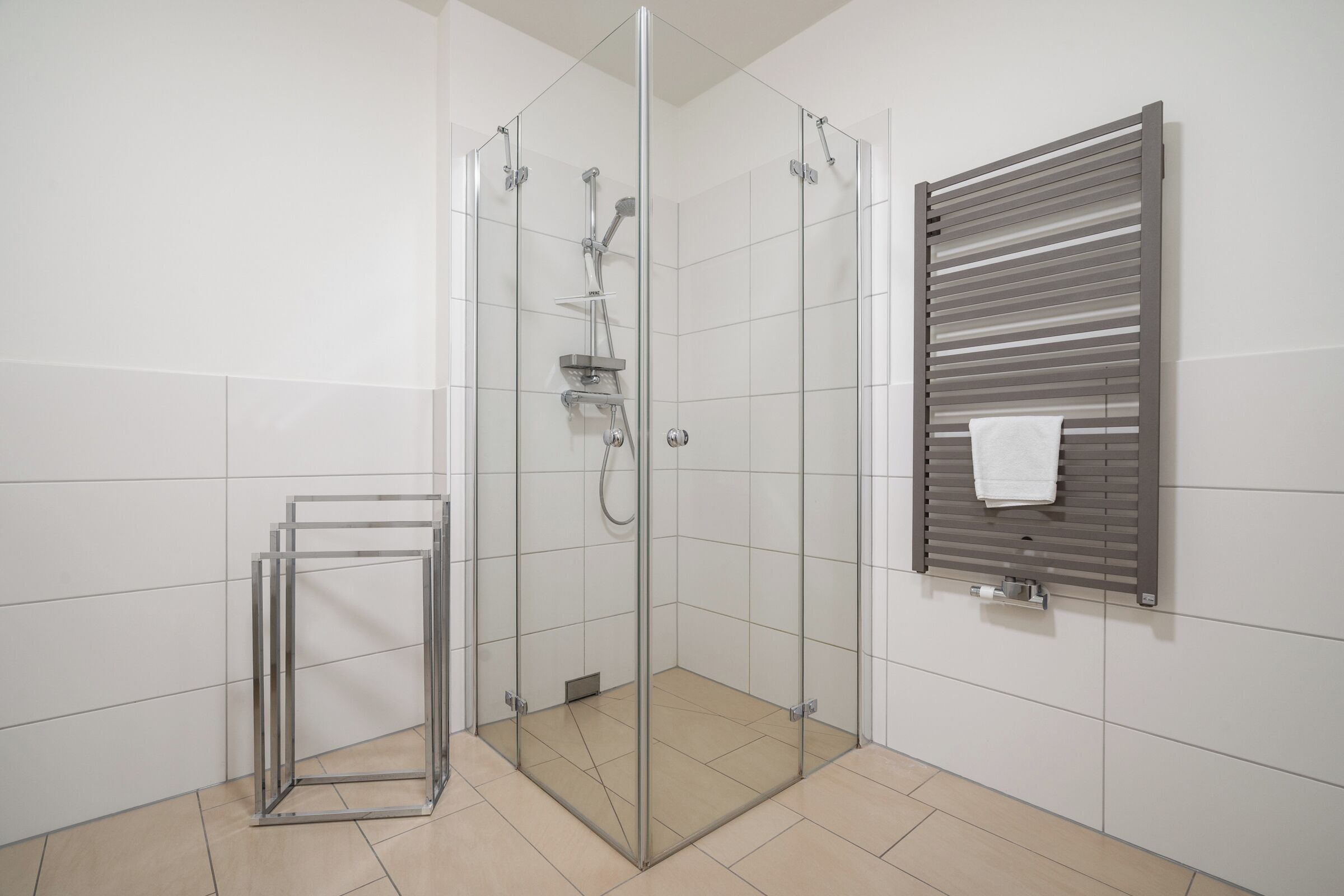 A modern bathroom with a glass-enclosed shower, a towel rack, and a metal frame structure.