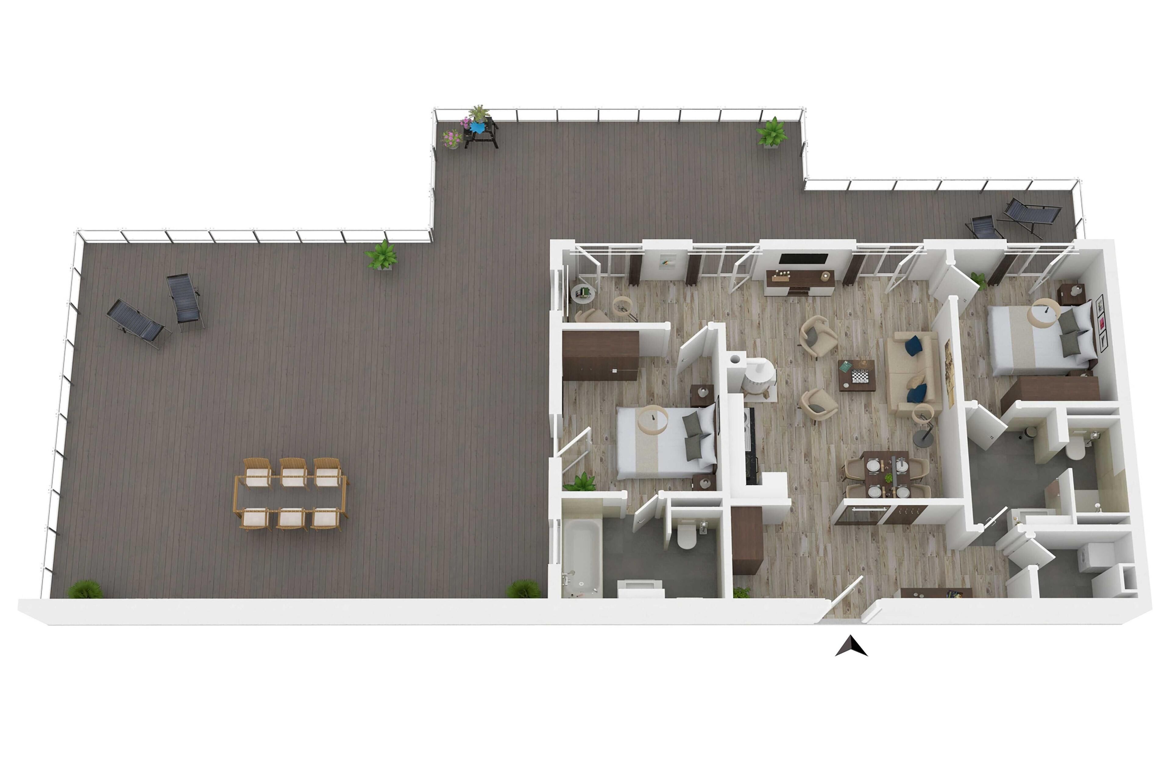 Un plan d’étage en 2D d’un appartement moderne comprenant un espace de vie, une cuisine, deux chambres et un balcon.