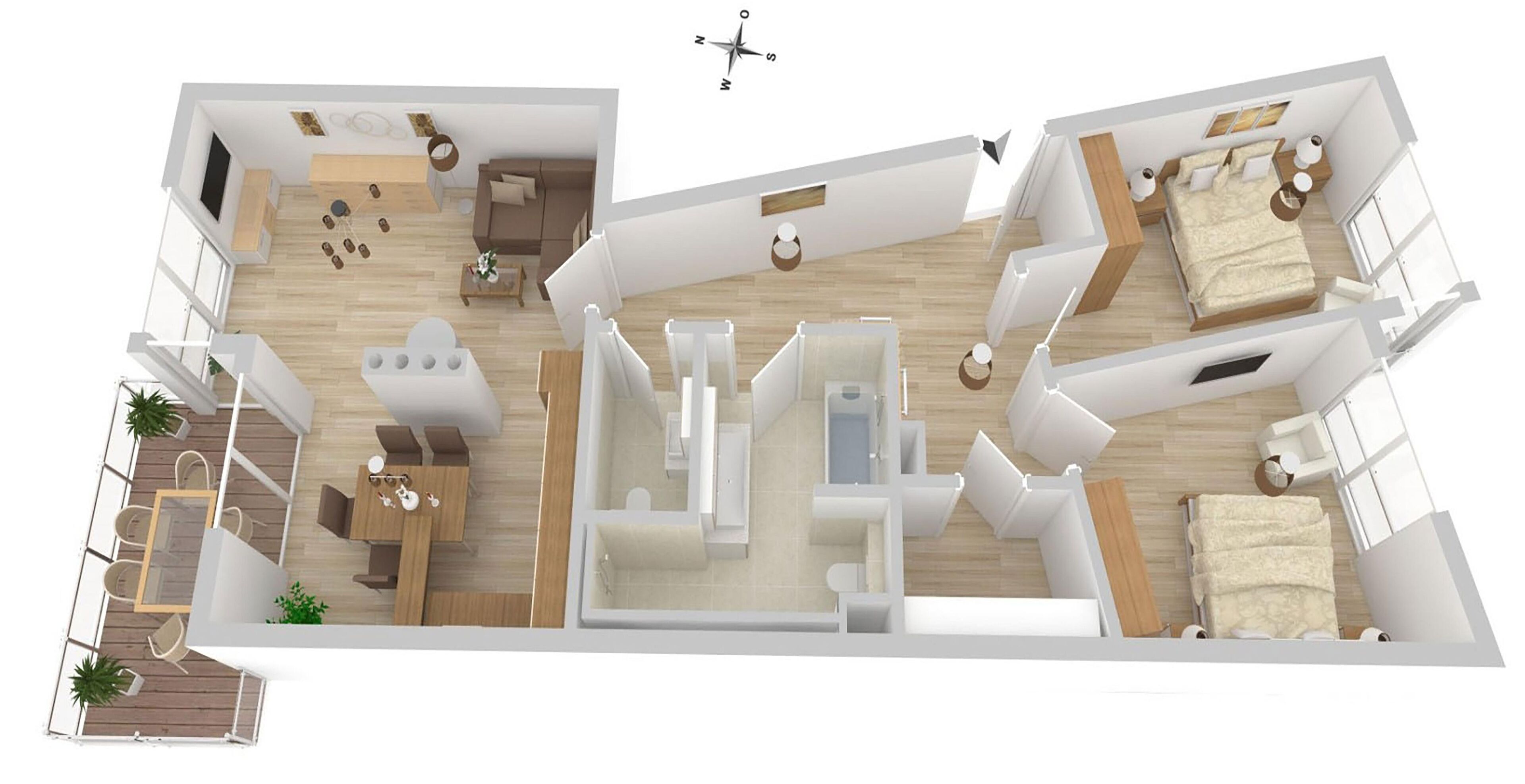 A 3D floor plan of a modern apartment with a living room, dining area, kitchen, two bedrooms, and a balcony.